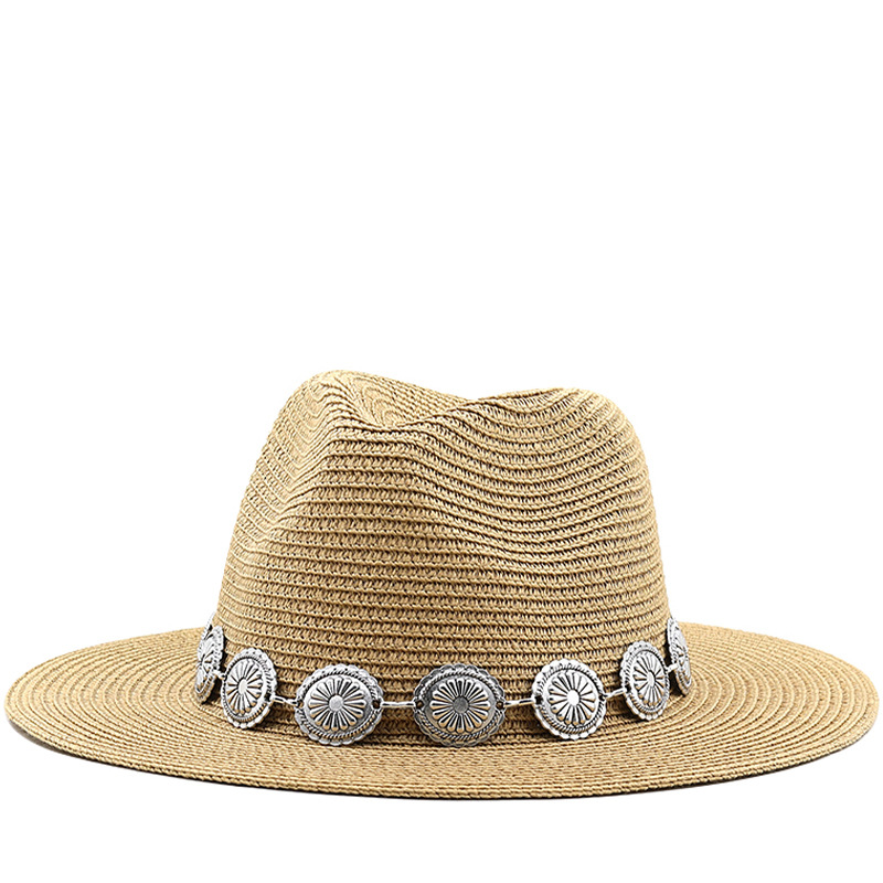 草帽Vintage Western Cowboy Hat Fashion男草帽合金装饰巴拿马