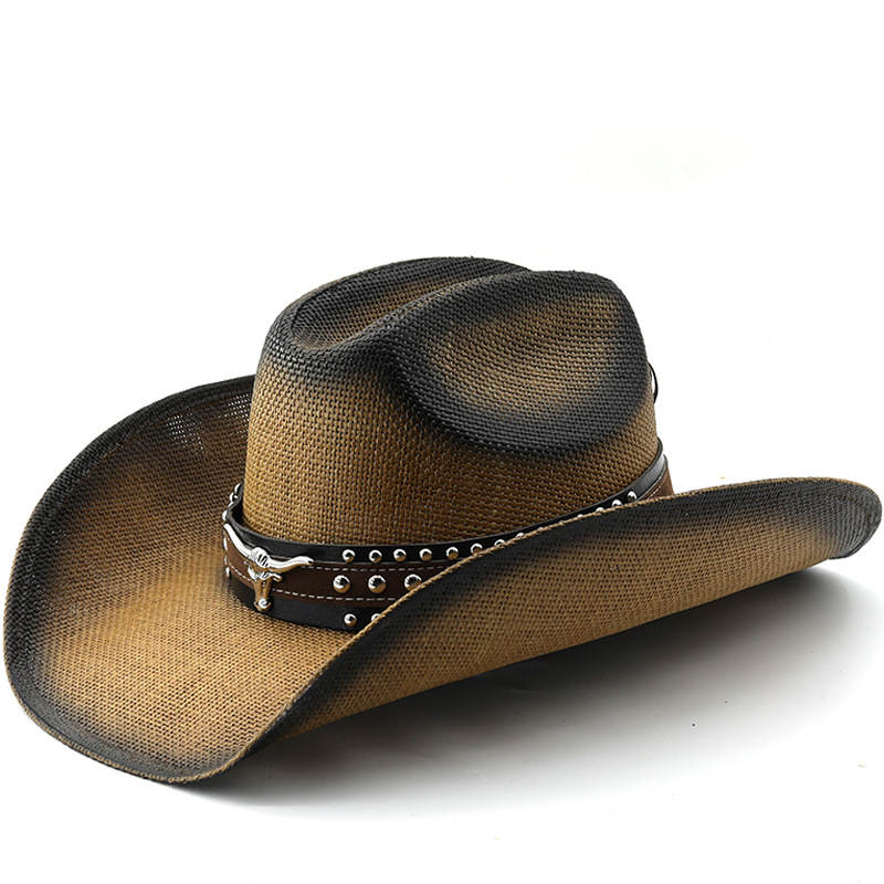 草帽Western Cowboy Hat复古牛头装饰大檐草帽 跨境热销草编西部