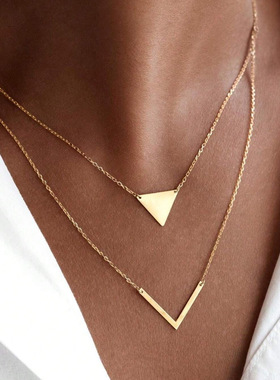 necklace for women热卖简约优雅几何三角形v形吊坠双层项链 精致