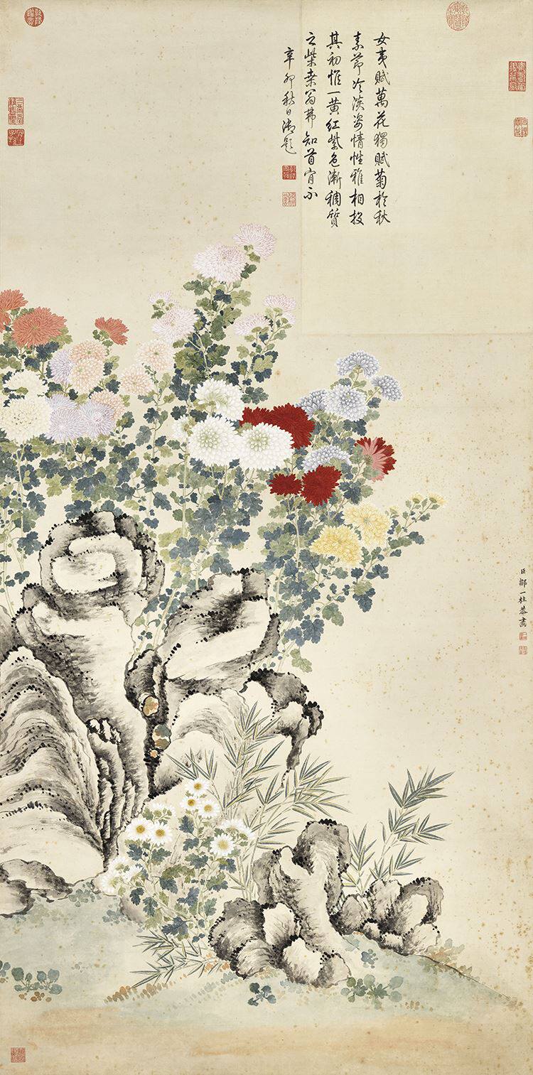 清邹一桂菊石图国画花卉水墨画真迹一比一复制画宣纸画心玄关装饰