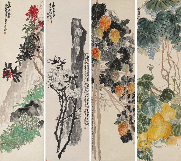 吴昌硕天竺水仙四条屏宣纸复制画艺术微喷高清画稿