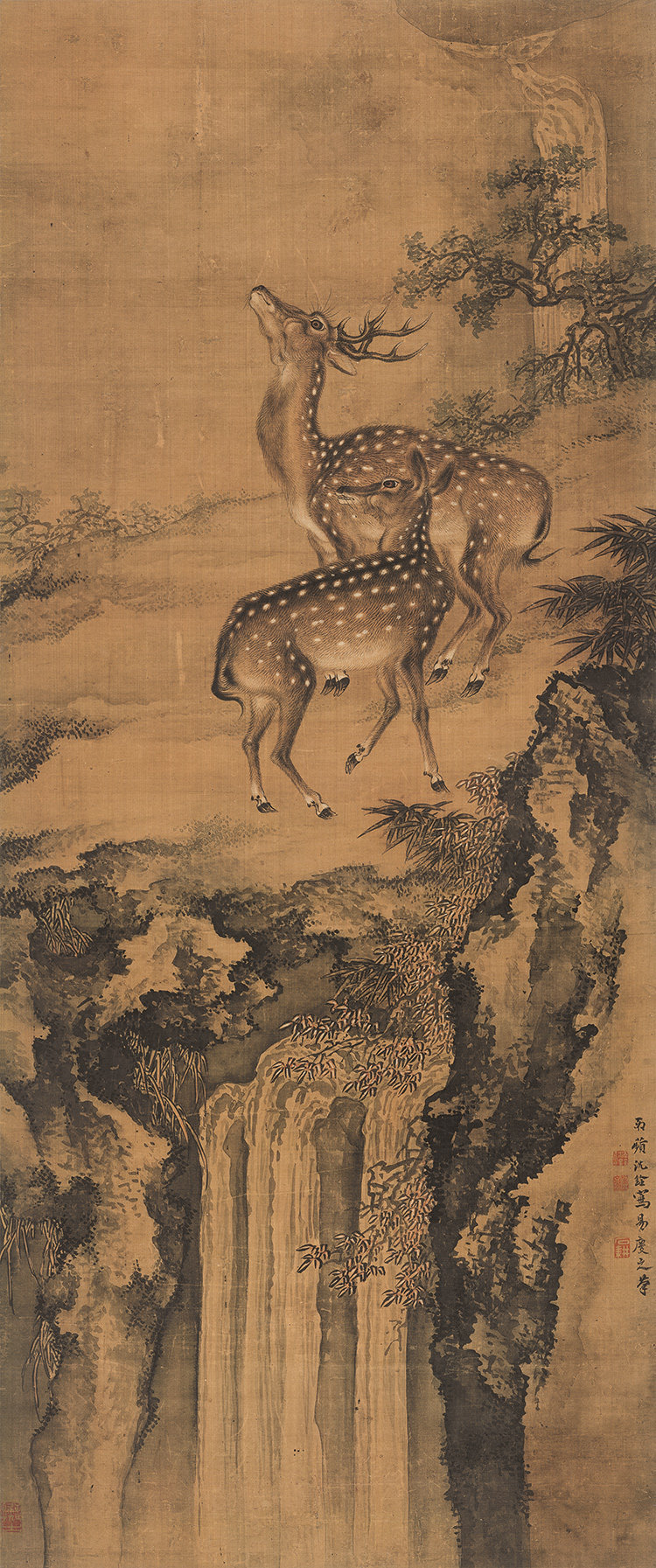 清沈铨双鹿图国画工笔画走兽鹿仿古画艺术微喷复制画绢画装饰画