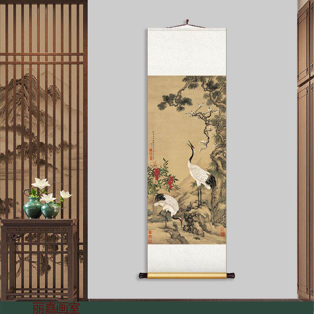 松梅双鹤图中式卷轴装裱字画