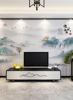 新中式墙画意境壁纸山水顺风顺水客厅电视背景墙自粘风景壁画订制