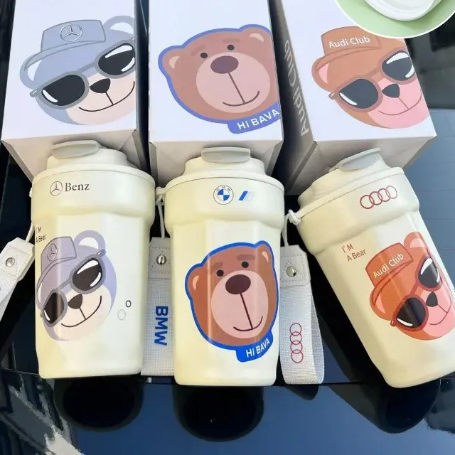 适用奔驰宝马奥迪Audi新款玩偶熊咖啡杯保温杯赠送礼品316钢内胆