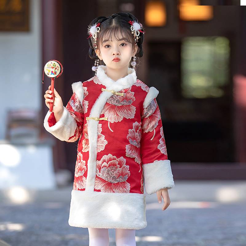 女童旗袍冬季加厚喜庆红色中式古风拜年服女宝宝中国风礼服裙唐装