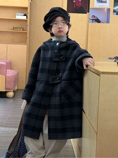 韩系秋冬新款女童加棉毛呢大衣男童夹棉呢子外套中大童中长款格子