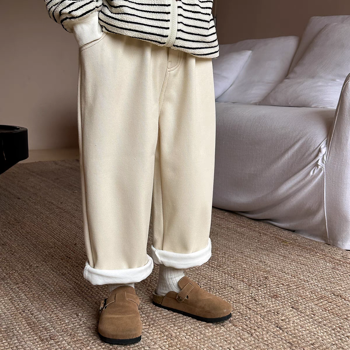 蓬蓬男童女童加绒牛仔裤秋冬装2025新款宝宝白色长裤儿童休闲裤子