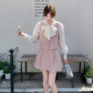 马甲 蝴蝶结衬衣 百褶裙3件套2C275 5510 K298 爆款 P195 到大货了