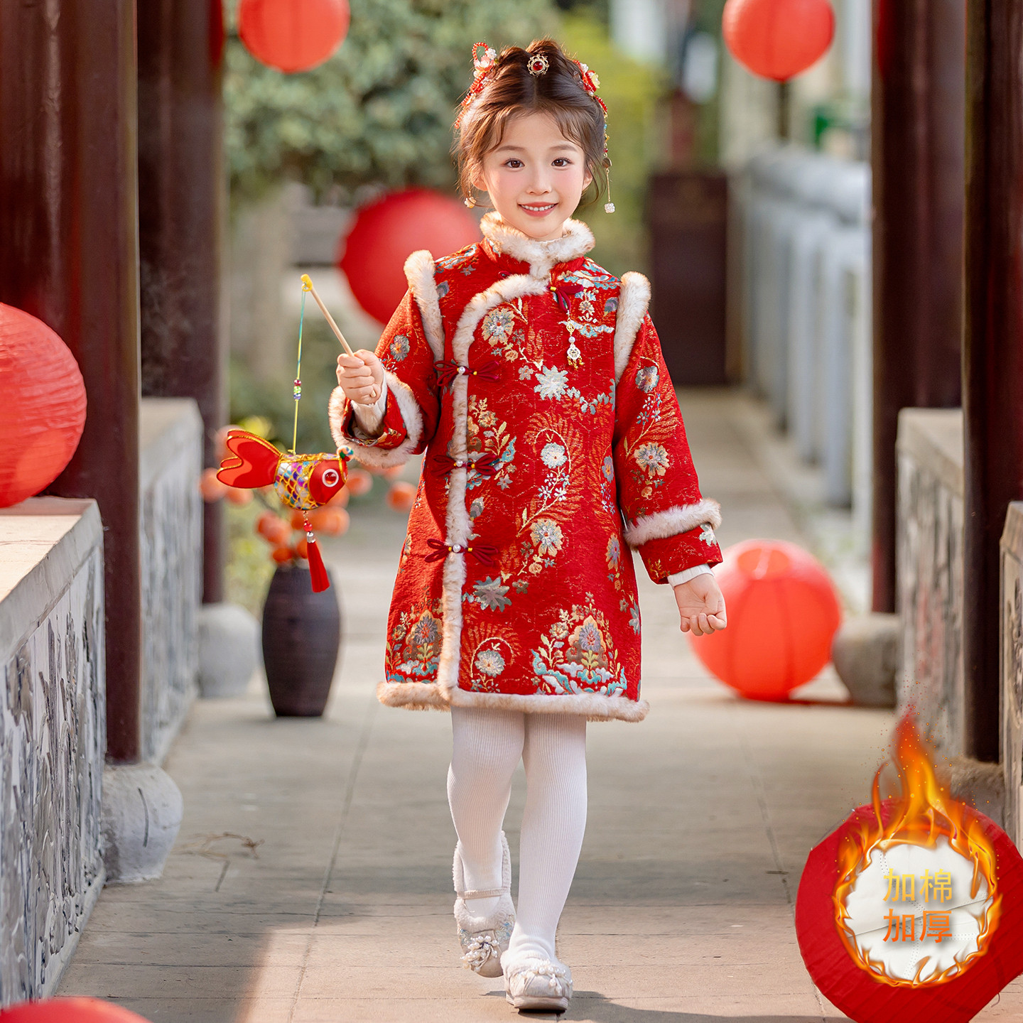 女童拜年服加厚旗袍冬季新中式唐装中国风汉服加棉连衣裙宝宝礼服