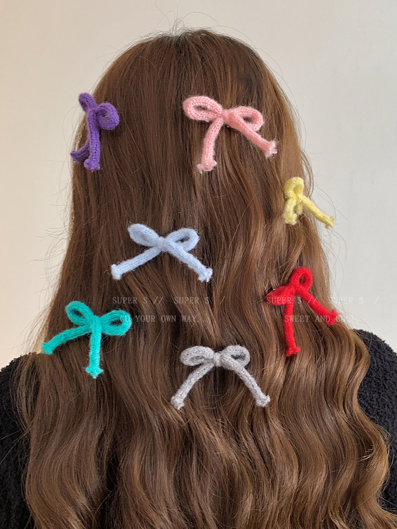 彩色蝴蝶结针织毛线一字发夹子女本命年红色发卡头饰紫色女童发饰