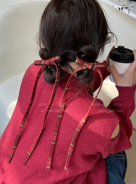 新年红色格子蝴蝶结飘带发夹女款设计感长条丝带头饰高级发饰发卡