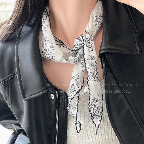 文艺复古米白色棉麻腰果三角巾女薄款护颈丝巾包头巾2025新款围巾