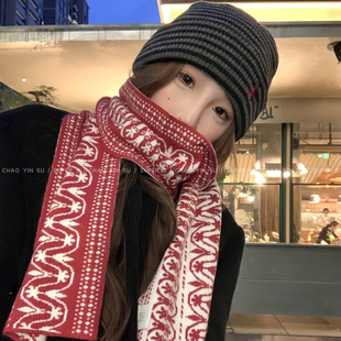 古堡纹样提花双面针织围巾女软糯亲肤冬季保暖复古设计感围脖披肩