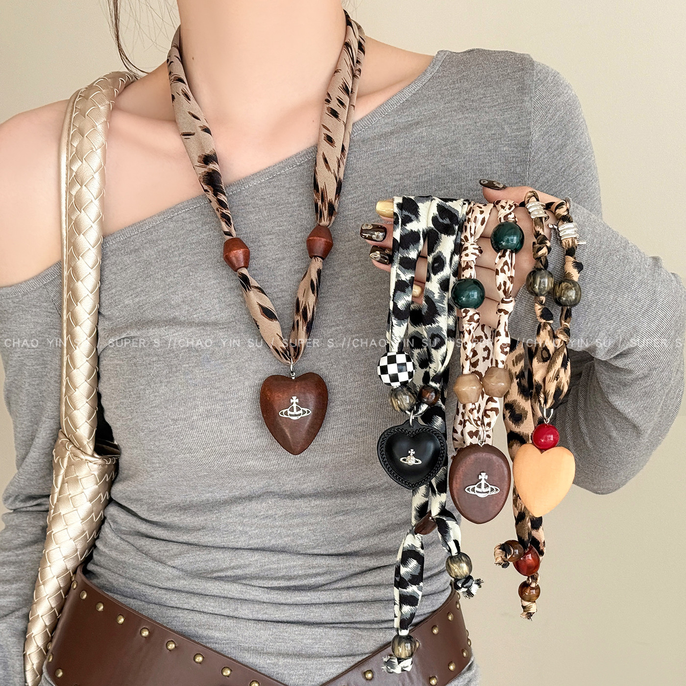复古美拉德棕色豹纹爱心丝巾项链