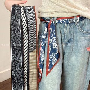 明星同款~黑色腰果花护颈长条丝巾围巾女牛仔裤腰带丝带腰间配饰