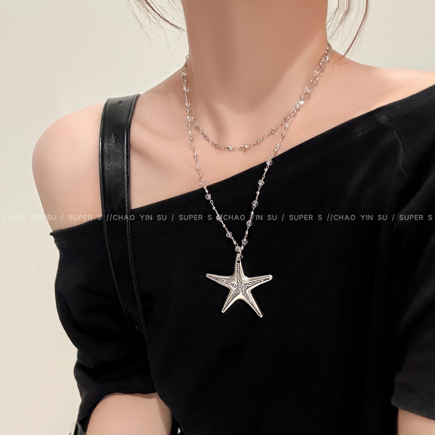 甜酷双层叠戴银色海星长款项链