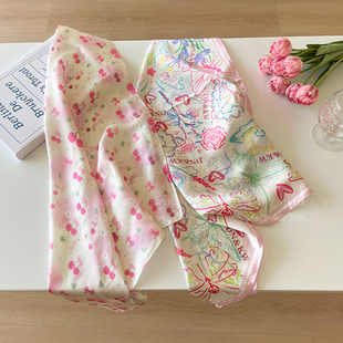 粉色甜美小樱桃碎花丝巾女多巴胺田园风裹胸方巾屁帘穿搭系腰配饰