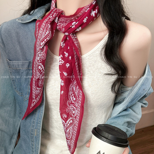 复古红色腰果菱形丝巾女秋冬飘带围巾围脖腰带配饰品头巾百搭领巾