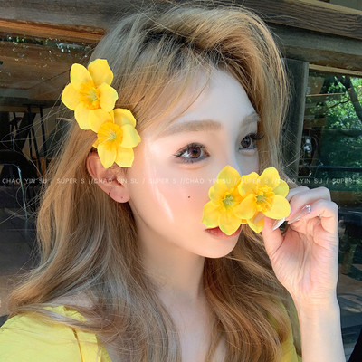 明媚黄色双生花发夹鸭嘴夹
