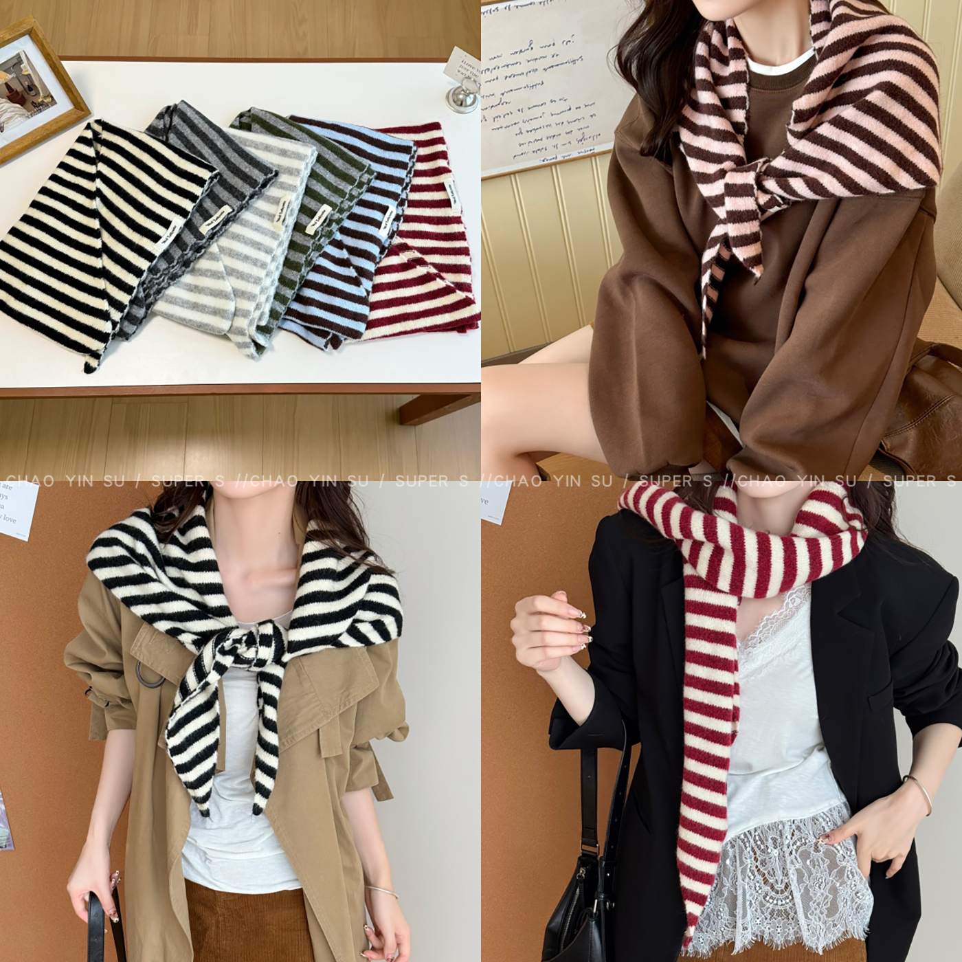 文艺范~时髦条纹针织三角巾围脖女秋冬复古百搭披肩系脖围巾配饰