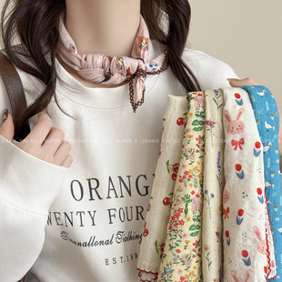 饰纯棉系脖 护颈丝巾领巾百搭装 森系可爱猫咪方巾围巾女春季 新款