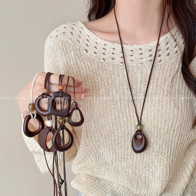 复古长款不规则木质圆环吊坠项链
