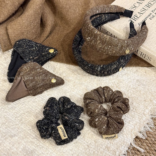 高级感金标毛线大肠发圈发箍女秋冬氛围感美拉德三角抓夹宽边头箍