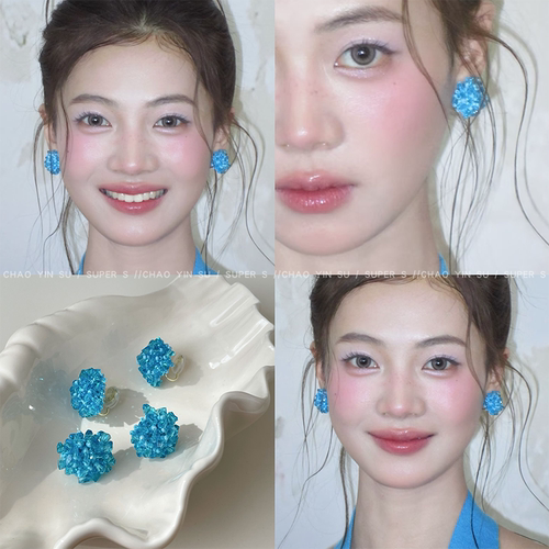 重工蓝色串珠编织绣球花朵耳钉