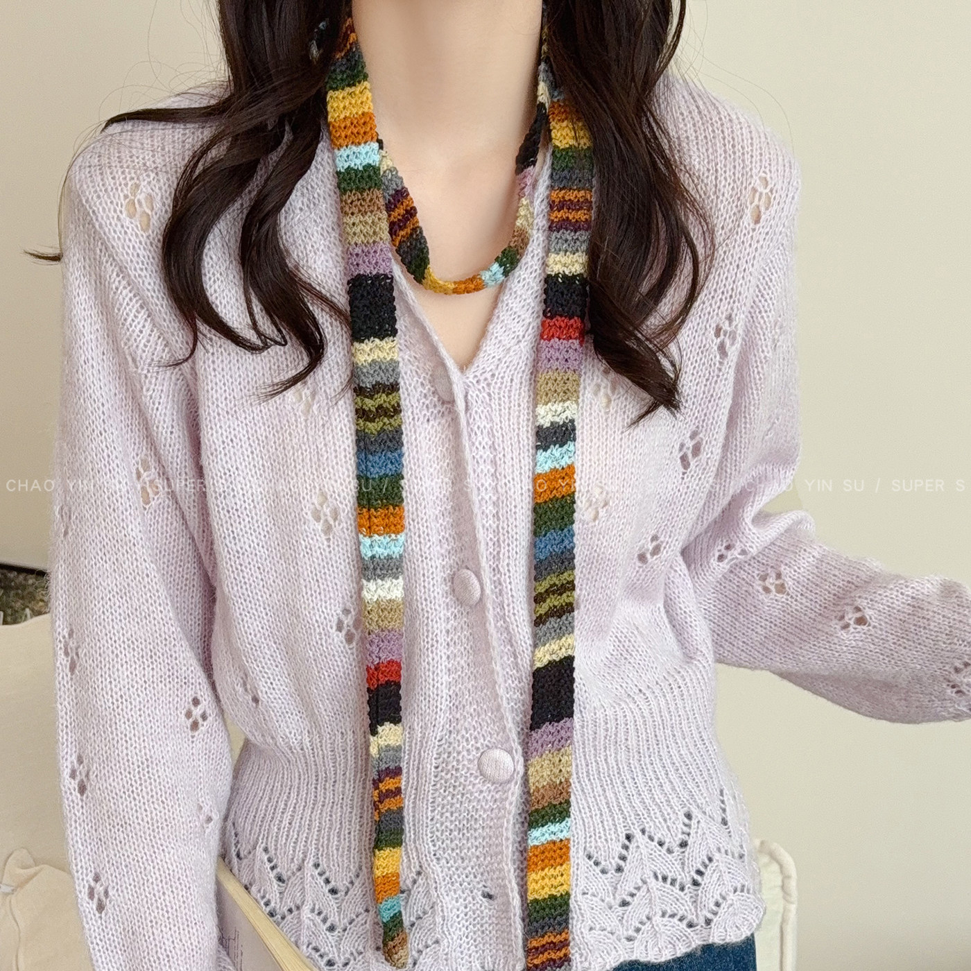日系彩色长条针织围巾女原宿风时髦百搭细窄围脖春季氛围感配饰品