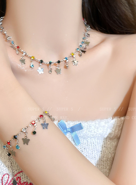 多巴胺彩色水晶蝴蝶项链女夏甜酷