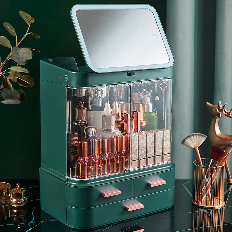 化妆品收纳盒防尘带镜子一体家用箱桌面梳妆台口红护肤品置物架子