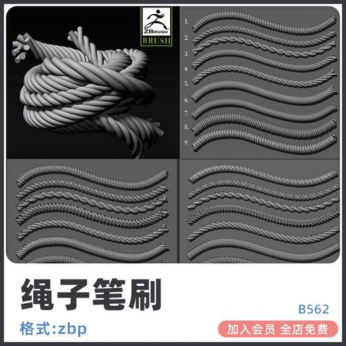 ZBrush绳索曲线笔刷绳子zb画笔建模设计素材塑形3D雕刻zbp钢丝绳