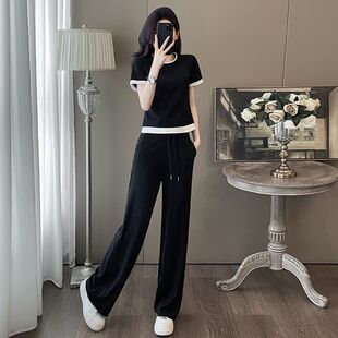时尚短袖运动套装女2026夏季新款黑白拼接圆领短袖阔腿长裤两件套