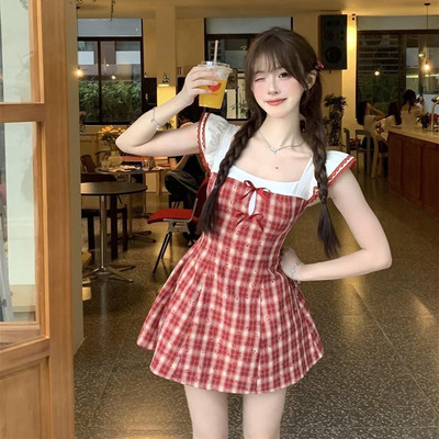 少女感红格纹小飞袖公主连衣裙女