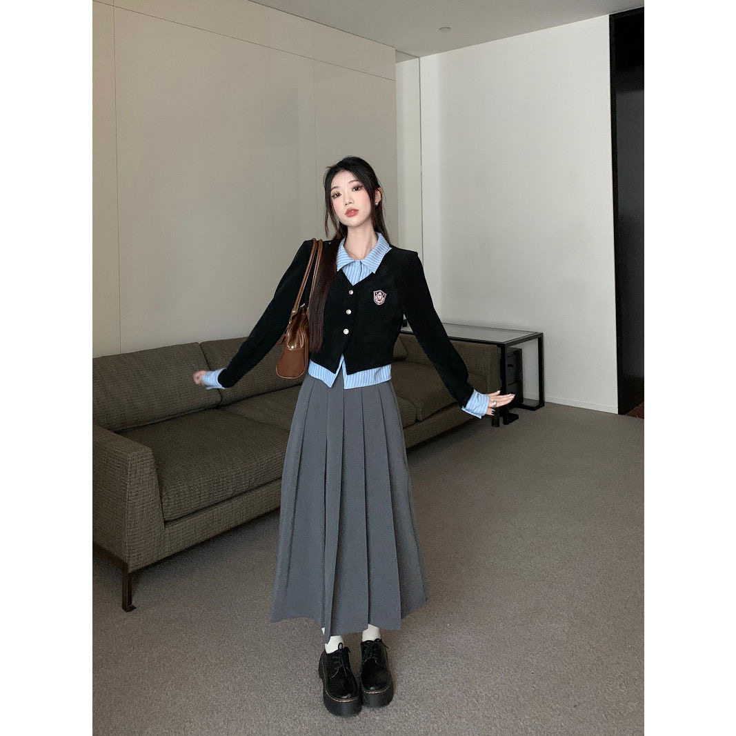 学院风假两件polo领衬衫2026春秋新款设计感小众百搭半身裙套装女