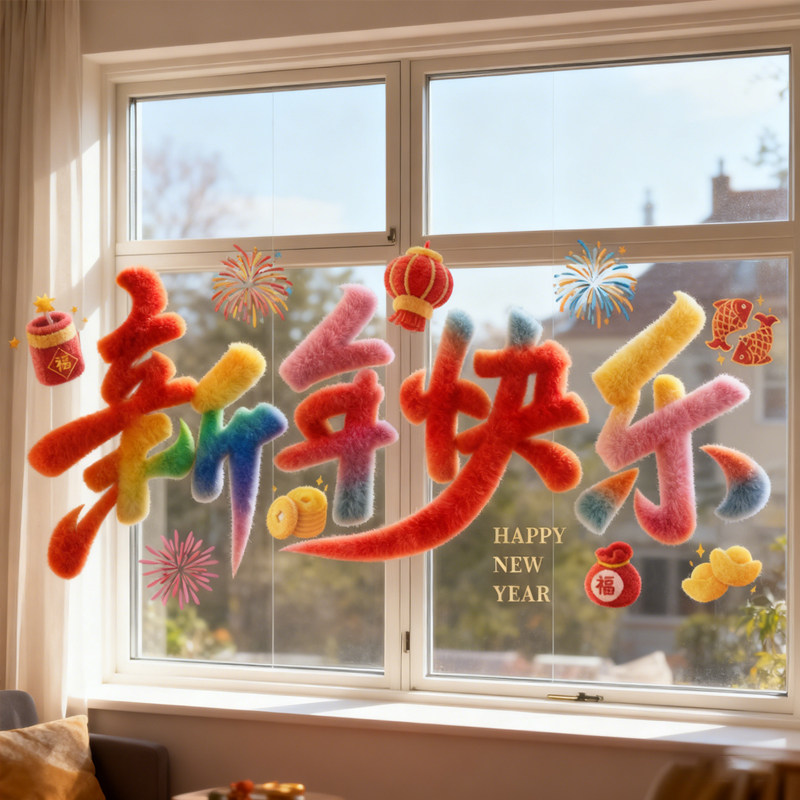2026可爱5D小马毛绒质感静电贴装饰品橱窗玻璃装饰过年布置新年,节庆用品/礼品,福字/窗花/窗贴,淘宝优惠券,粉丝福利购,淘宝优惠卷