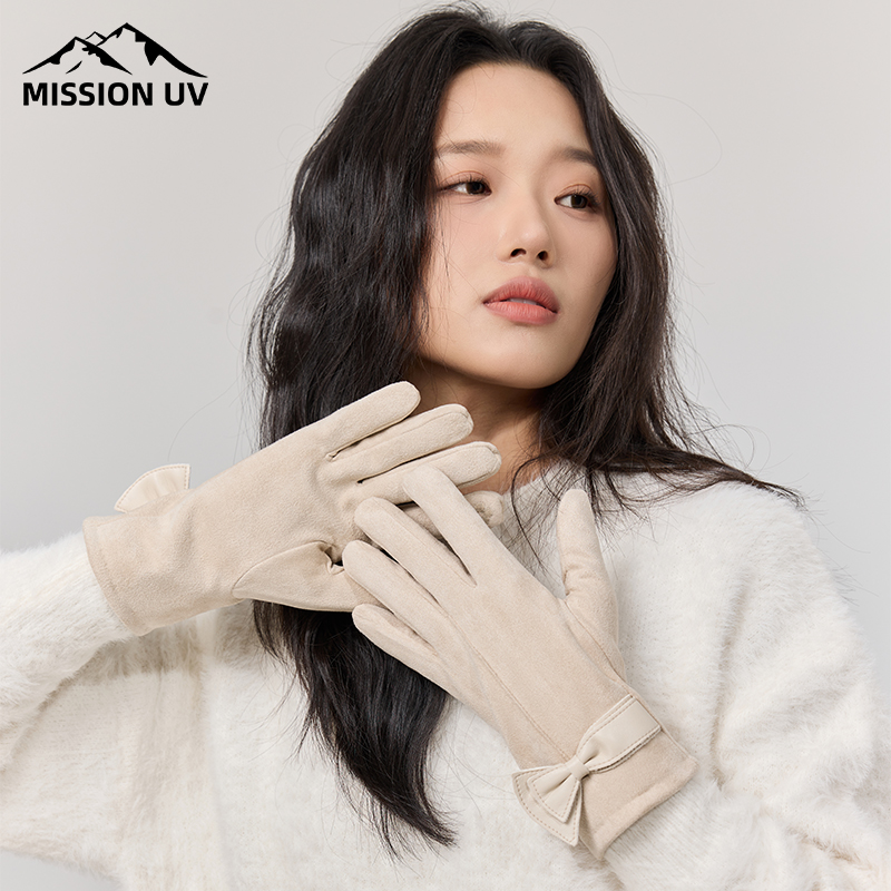 MISSION UV手套女冬季加厚加绒户外骑行可触屏韩版针织保暖手套女