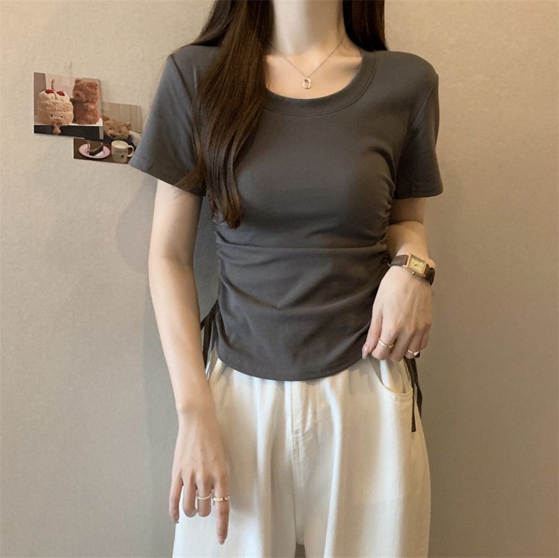 正肩短袖t恤女夏2025新款收腰抽绳显瘦韩版设计感小个子百搭上衣