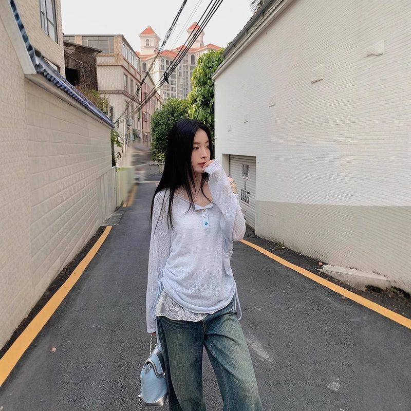 原版面料 韩系蓝色防晒罩衫女夏慵懒设计感宽松休闲微透针织上衣