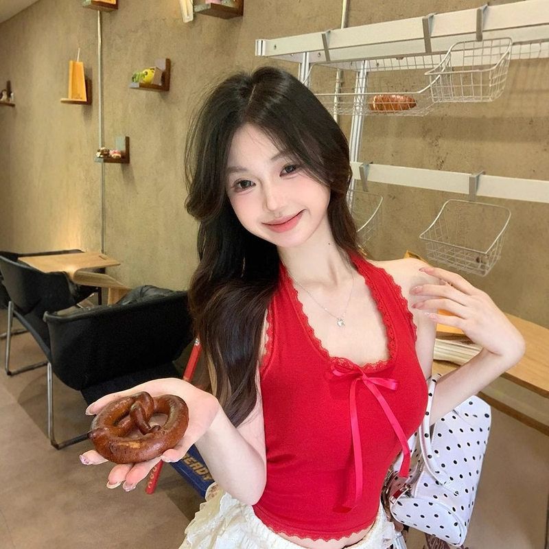 蕾丝花边蝴蝶结挂脖带胸垫吊带背心女内搭2025新款夏外穿打底上衣