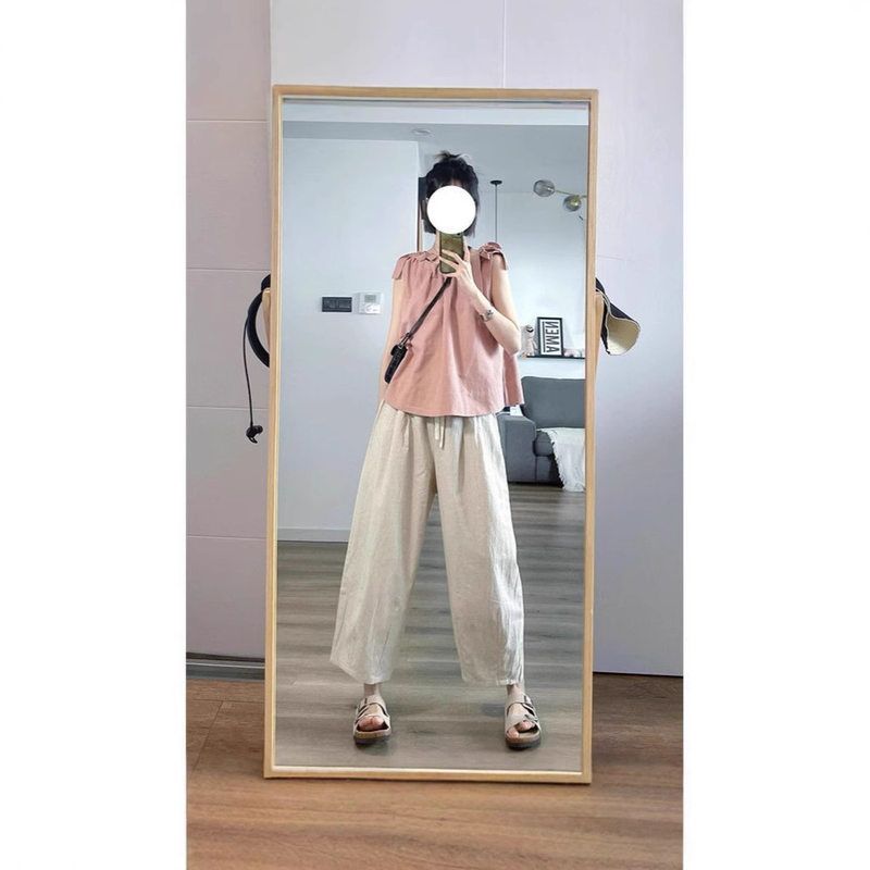粉色吊带背心女宽松亚麻衬衫甜美减龄短款无袖上衣