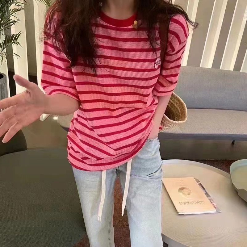 2025夏季新款华夫格刺绣条纹短袖t恤衫女百搭洋气减龄纯棉上衣ins