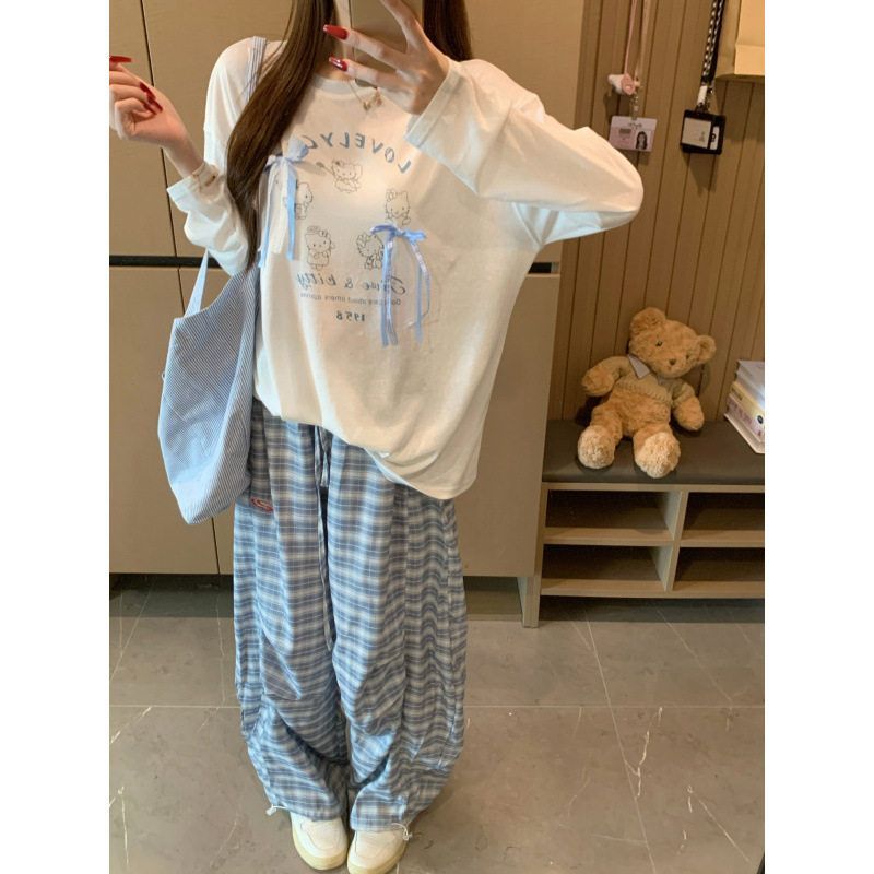蝴蝶结卡通印花白色防晒罩衫长袖t恤女夏薄款宽松休闲慵懒风上衣