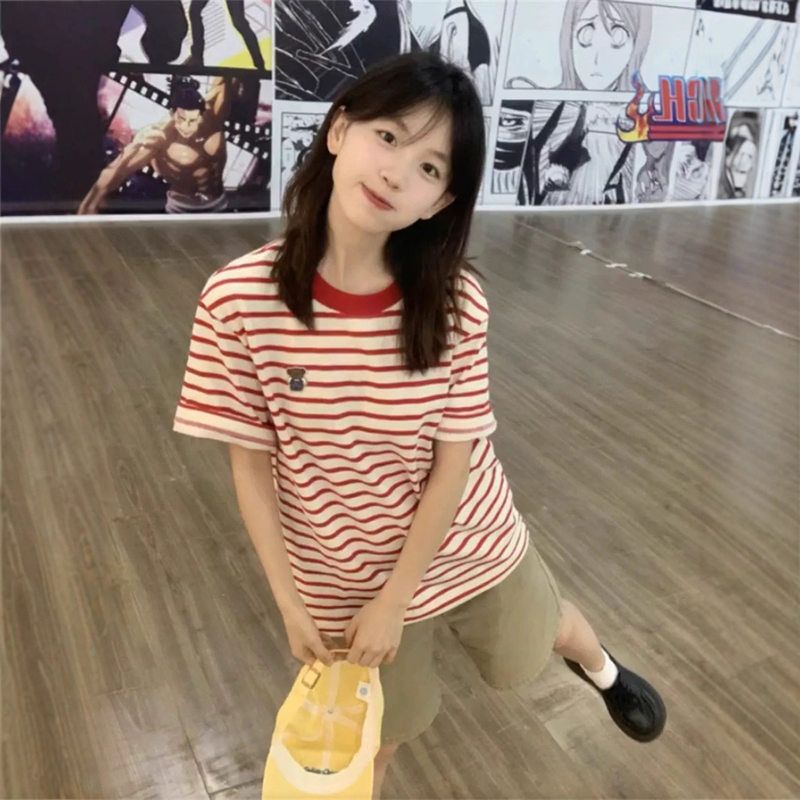 小熊刺绣条纹短袖t恤女夏2025新款韩版校园风百搭宽松休闲上衣ins