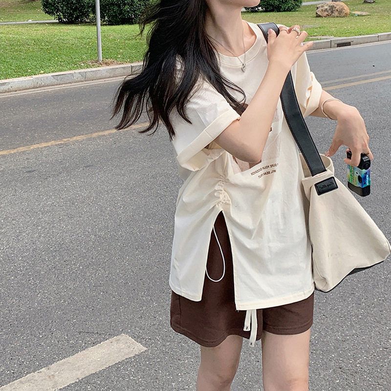 胖mm大码女装开叉抽绳短袖t恤女夏2025新款小众设计宽松别致上衣