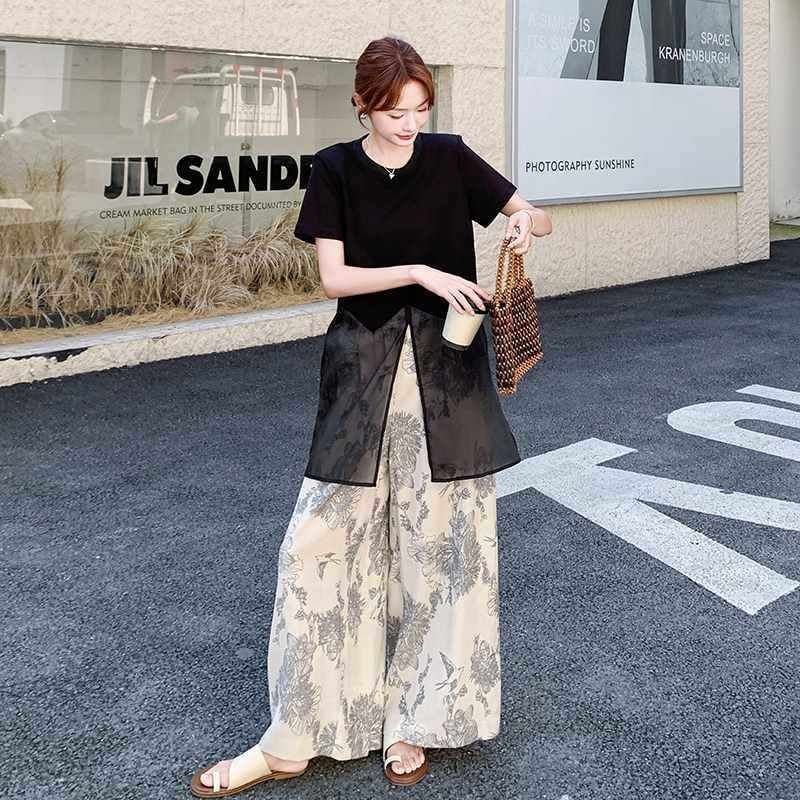 黑色高级感网纱拼接T恤套装女2025夏季宽松时尚印花阔腿裤两件套