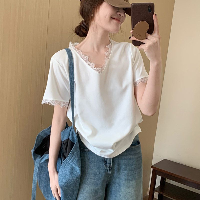 法式气质蕾丝花边V领正肩短袖t恤女夏2025新款设计感小众宽松上衣