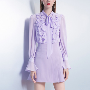 气质女神范半身裙套装 越南小众2023秋新款 紫色系雪纺衫 两件套时尚