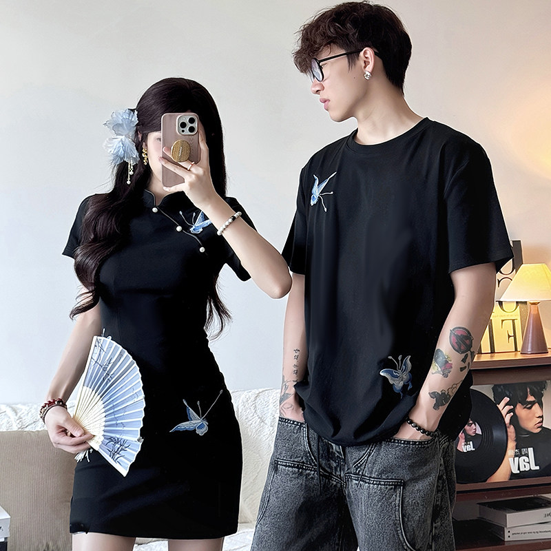实拍蕾丝新款黑色文艺女改良旗袍国风立领气质绣花连衣裙情侣装QY